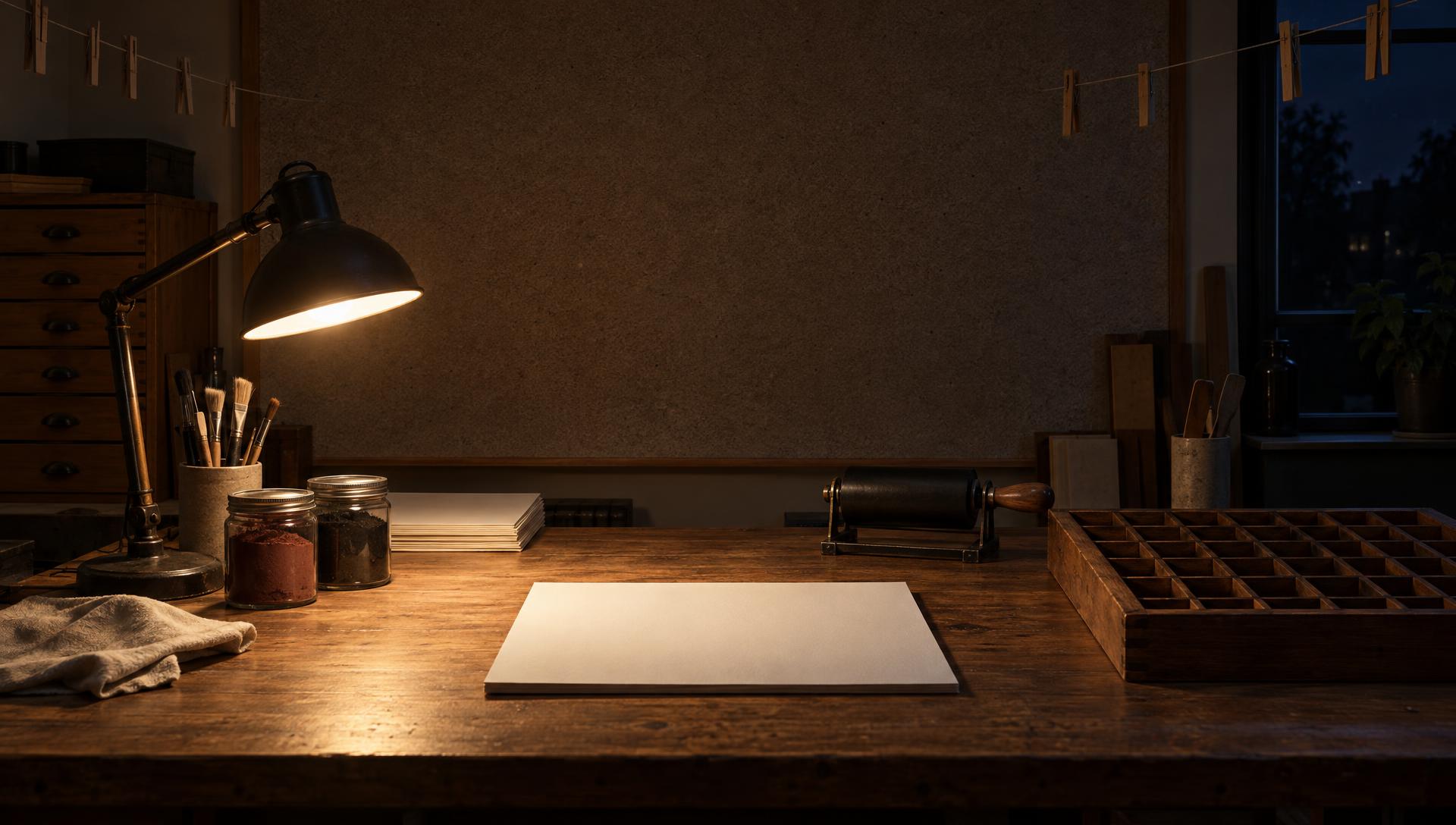 Night print room with one print on the table