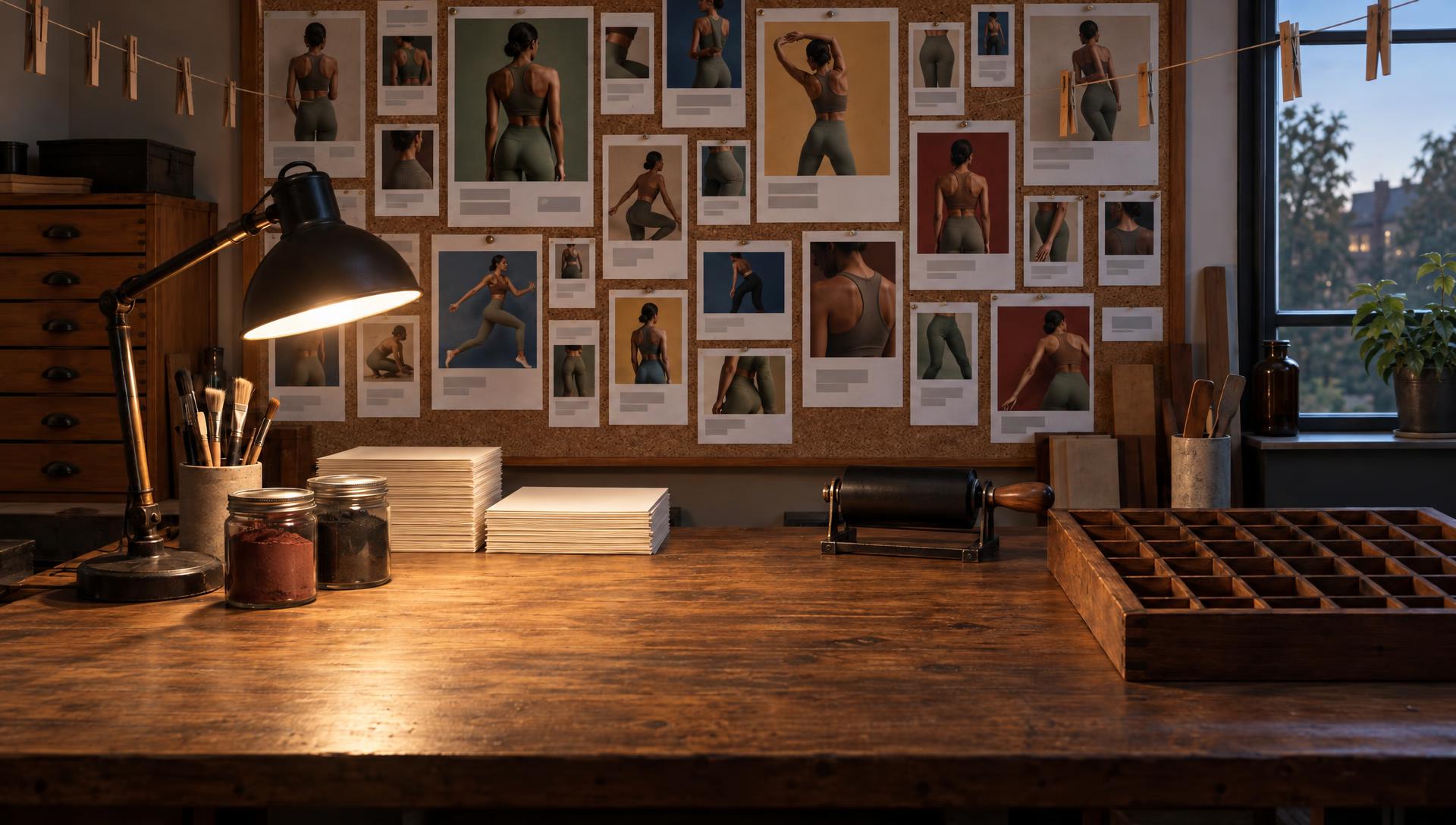Wall filled with pinned prints at dawn