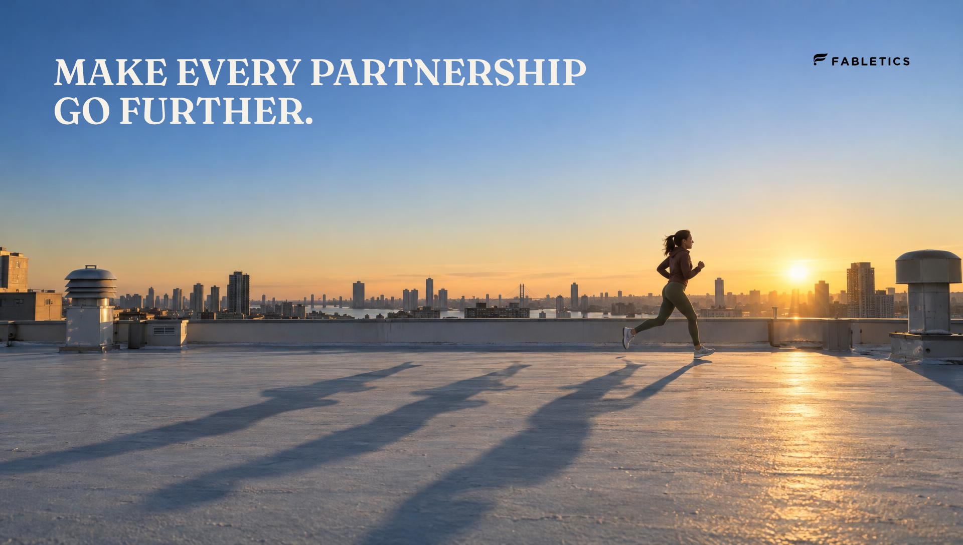 A figure mid stride on a rooftop at dawn, her shadow multiplying