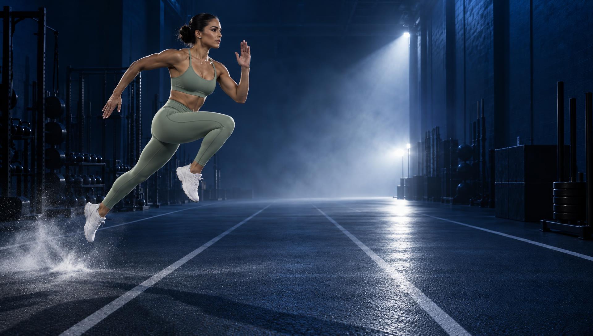 Athlete leaping in cobalt light
