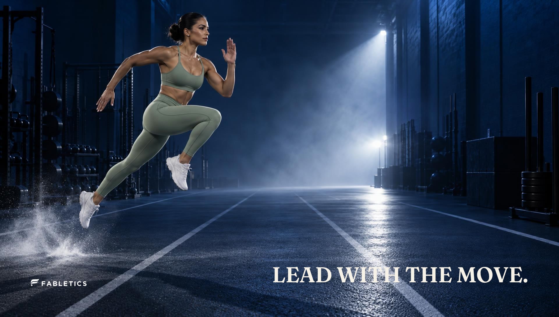 Athlete mid leap in a cobalt hall