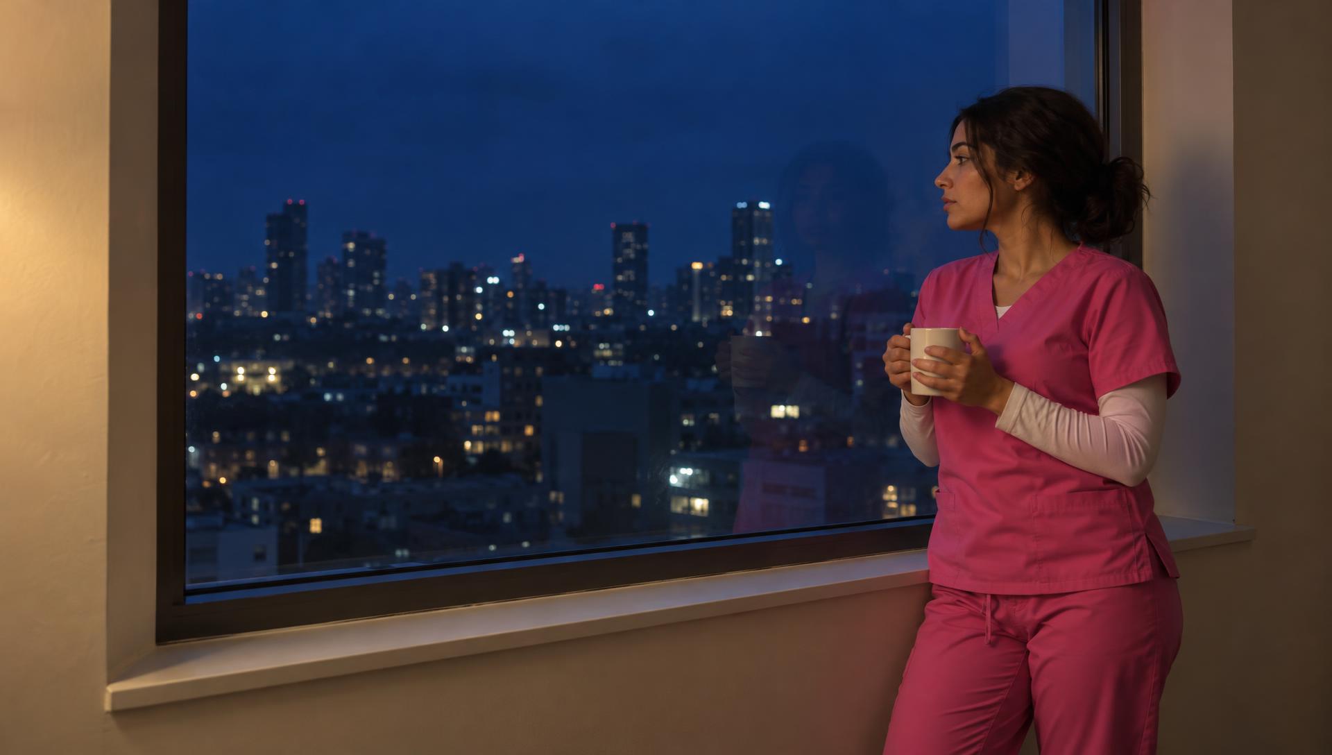 Woman in pink scrubs at a night window