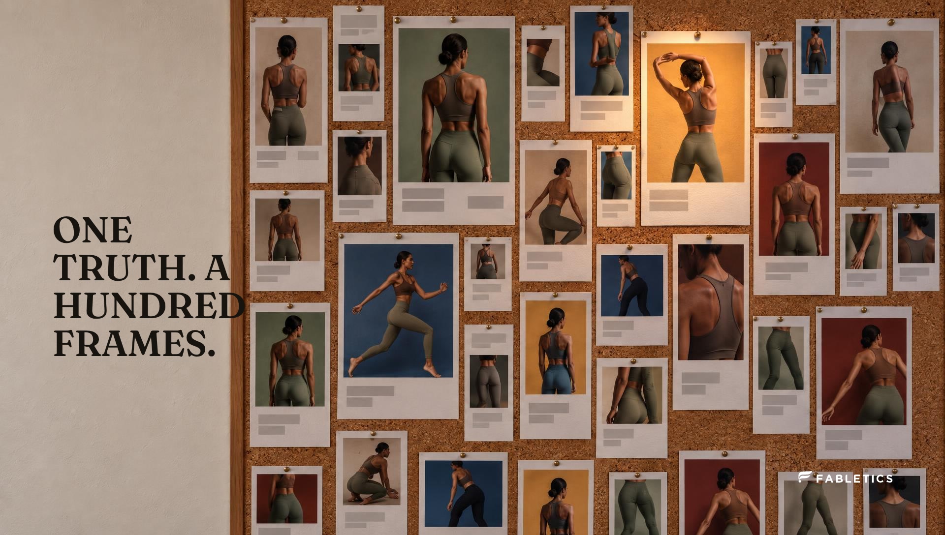 A wall of pinned frames of one woman